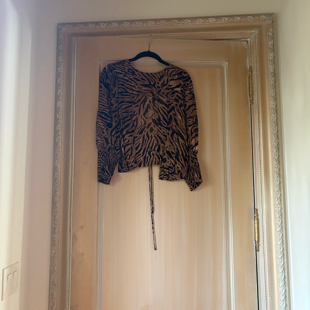 Ganni Brown and Black Animal Print Long-Sleeve Blouse